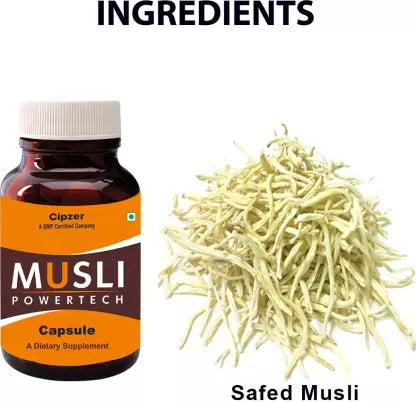 Cipzer Musli Powertech - 100% Pure and Natural Safed Musli Capsule for Inner Strength & Vitality, Stamina & Performance, Natural Immunity; Chlorophytum Borivilianum - 60 Veg Capsules