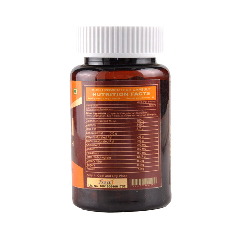 Cipzer Musli Powertech - 100% Pure and Natural Safed Musli Capsule for Inner Strength & Vitality, Stamina & Performance, Natural Immunity; Chlorophytum Borivilianum - 60 Veg Capsules
